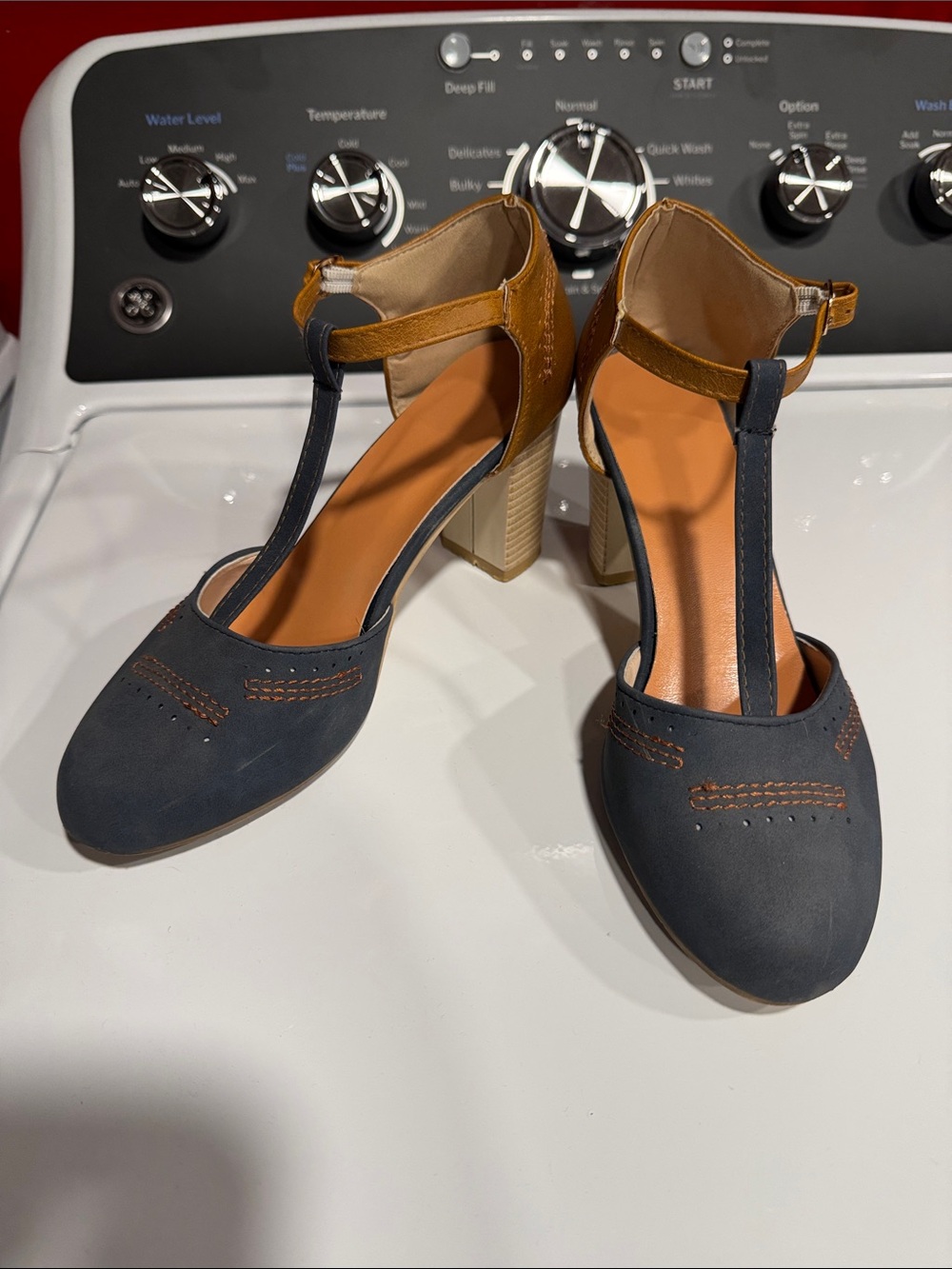 Mossimo Supply Co. Navy and Tan T-Strap Block Heels